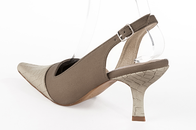 Champagne white and taupe brown women's slingback shoes. Pointed toe. High spool heels. Rear view - Florence KOOIJMAN